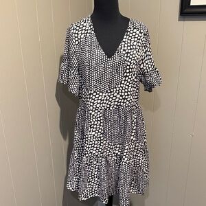 Fancyinn Black and White Polka Dot Ruffle Bell Sleeve V Neck Formal Midi Dress
